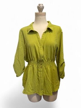 Smocked Waist Button-Front Shirt in Lime - Women’s Collared Top
